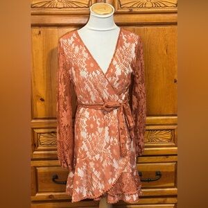 Chic Long Sleeve Lace Wrap Dress in Terracotta